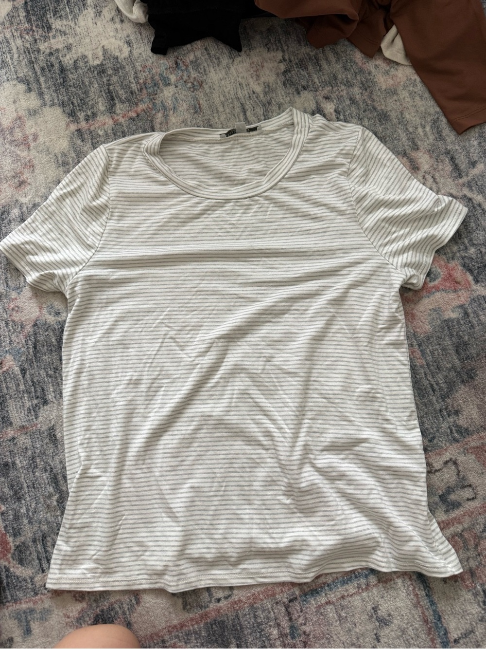 Green Envelope Women's Short Sleeve Crewneck Tee in Light Gray and White Stripes